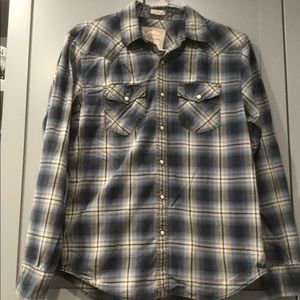 American Eagle  Snap Blue & Black  Plaid Shirt